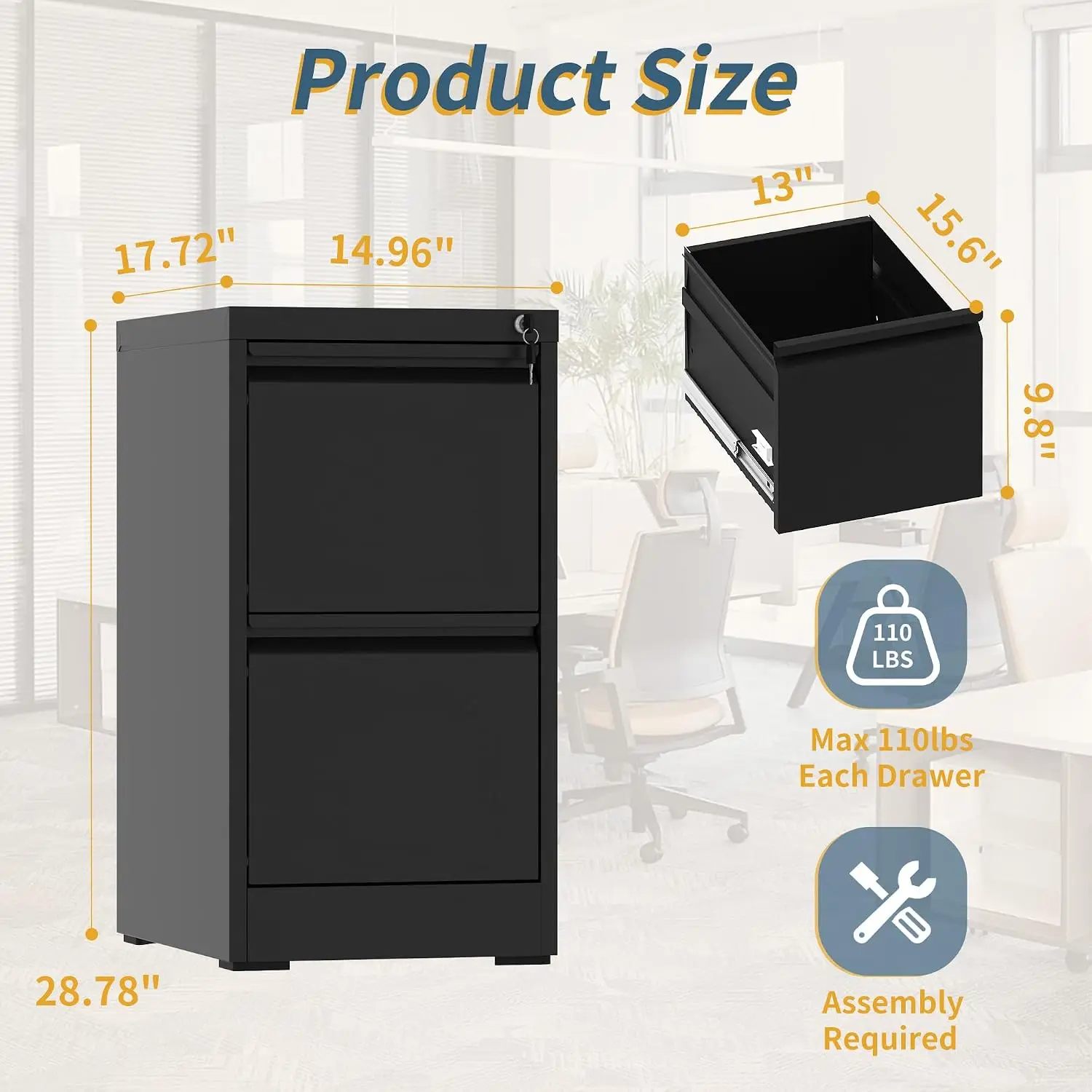 2 Drawer Metal File Cabinet with Lock, Vertical Storage for Home Office, Heavy Duty for Letter/Legal/A4/F4 Size, Customized