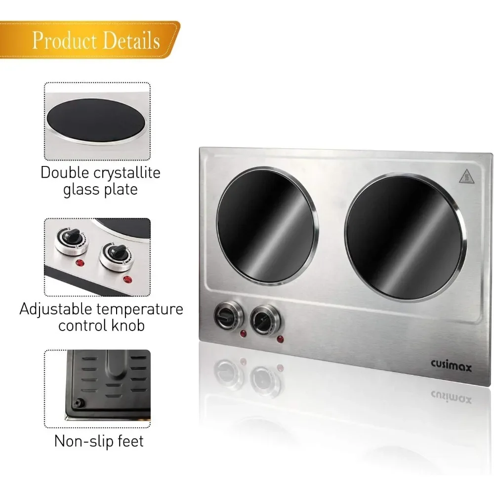 Ceramic Electric Hot Plate for Cooking, Dual Control Infrared Cooktop, Double Burner