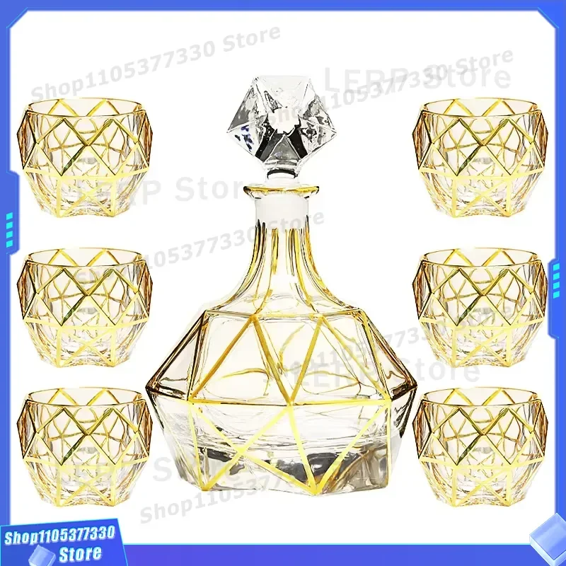Luxury Golden Lead Free Crystal Whiskey Decanter Set 7 Pieces Creative Bar Glassware High End Gift for Men Premium Quality