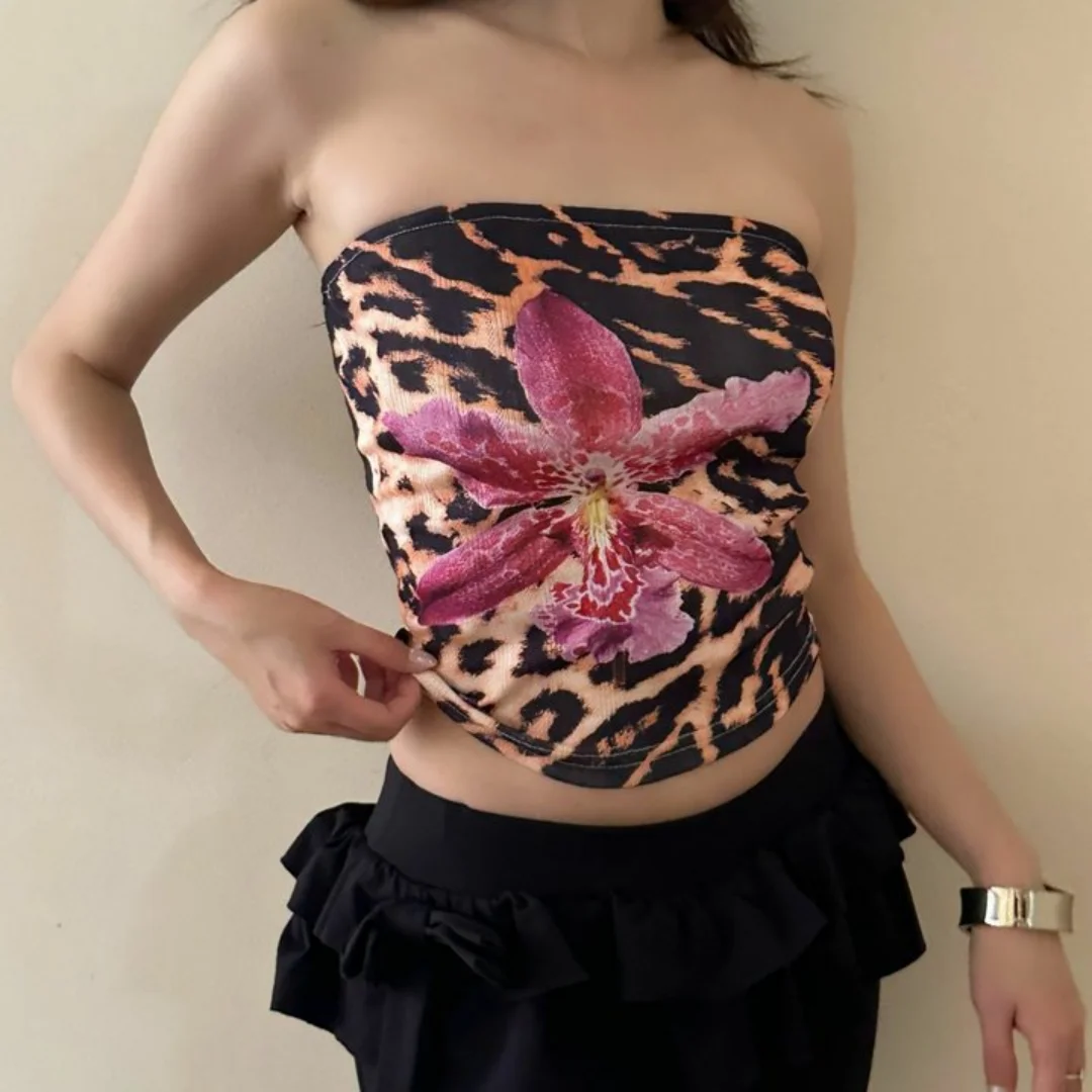 

Summer European and American retro leopard print sexy spicy girl flower print y2k strapless vest new women's top
