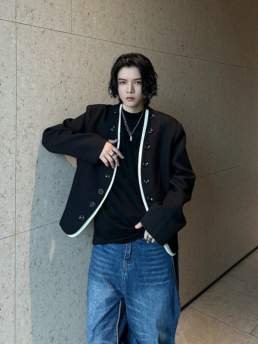 Men's 2025 Spring and Autumn New High-end Button Decoration Coats Contrast Color Casual Jackets Niche Retro Trendy Short Jacket