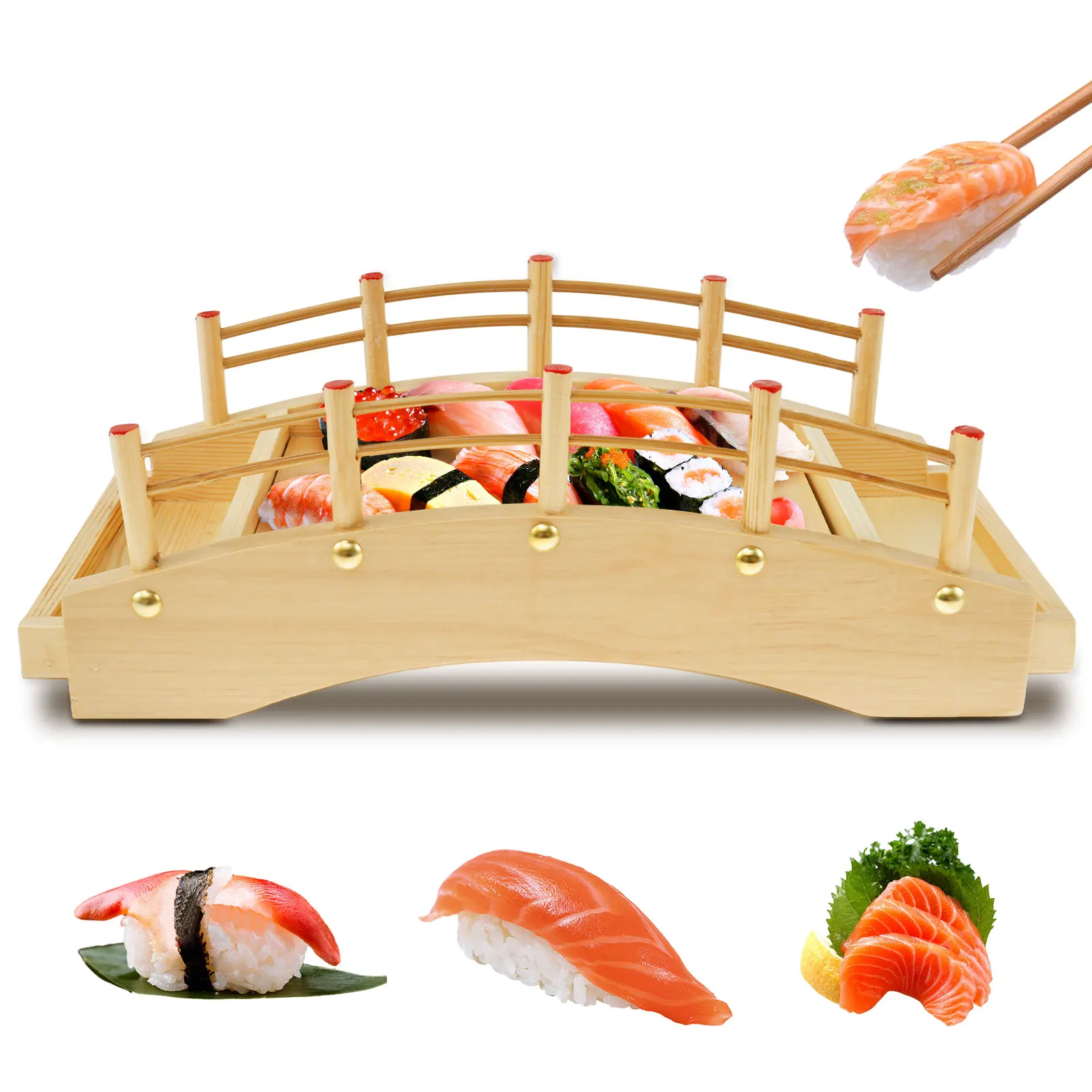 Bandeja para servir sushi, plato para servir puente de sushi de madera, plato decorativo para servir sushi de estilo japonés para el hogar, cocina, restaurante