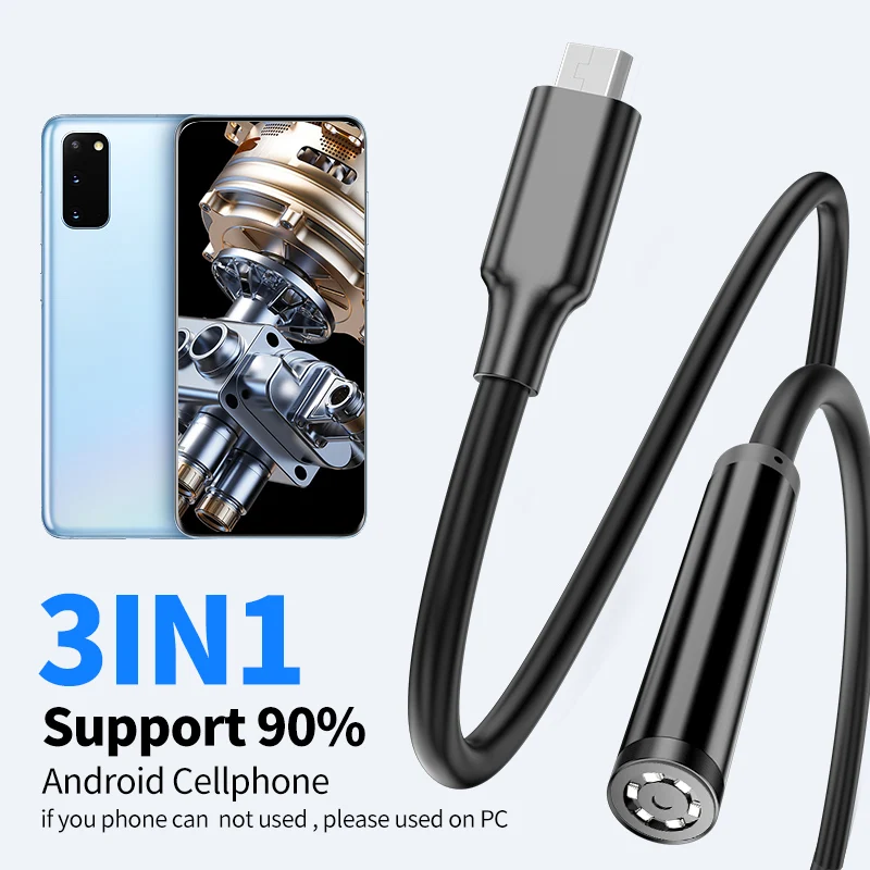 Impermeável LED Android Endoscope Mini Camera, 3 em 1 Micro USB Tipo C Borescope, Inspeção de carro, HUAWEI, Xiaomi, PC, 5,5mm, 7mm