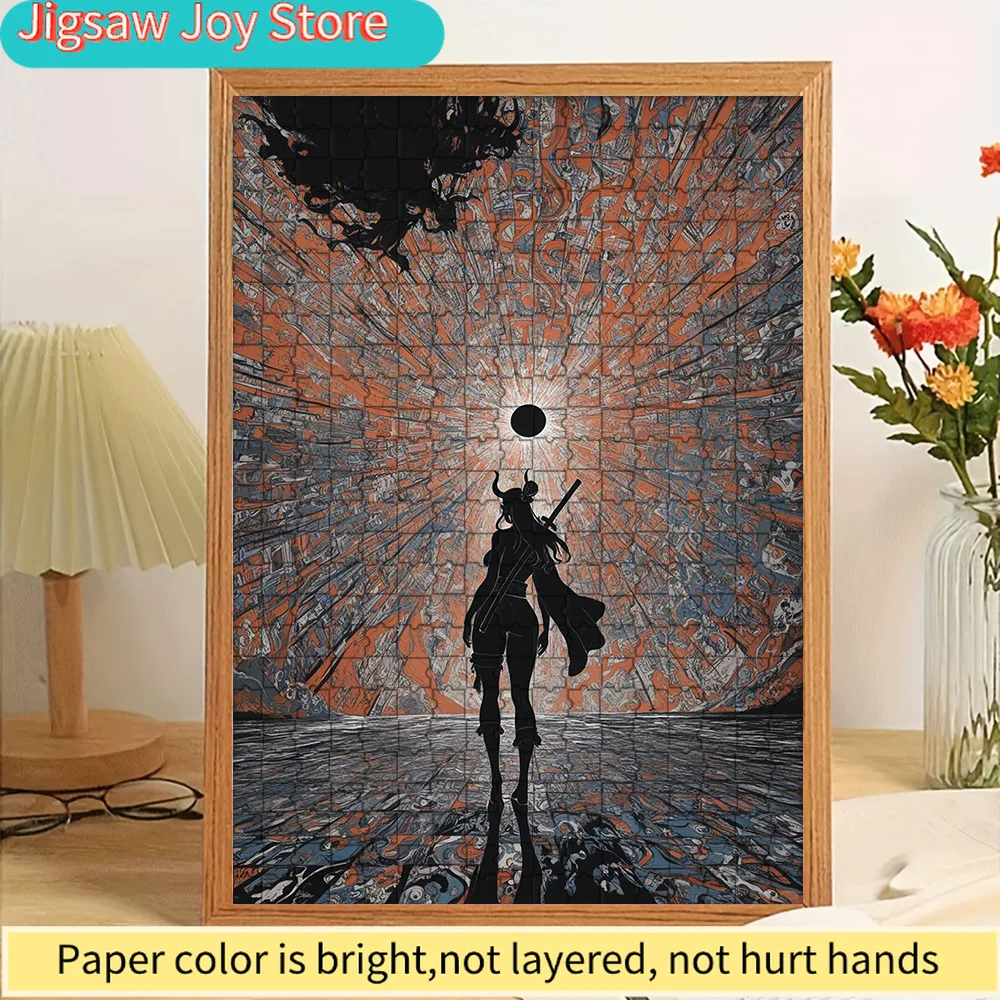

Japanese Female Samurai Silhouette with Horns & Sword, Black Sun Swirling Psychedelic Pattern Background Art Paper Jigsaw Puzzle