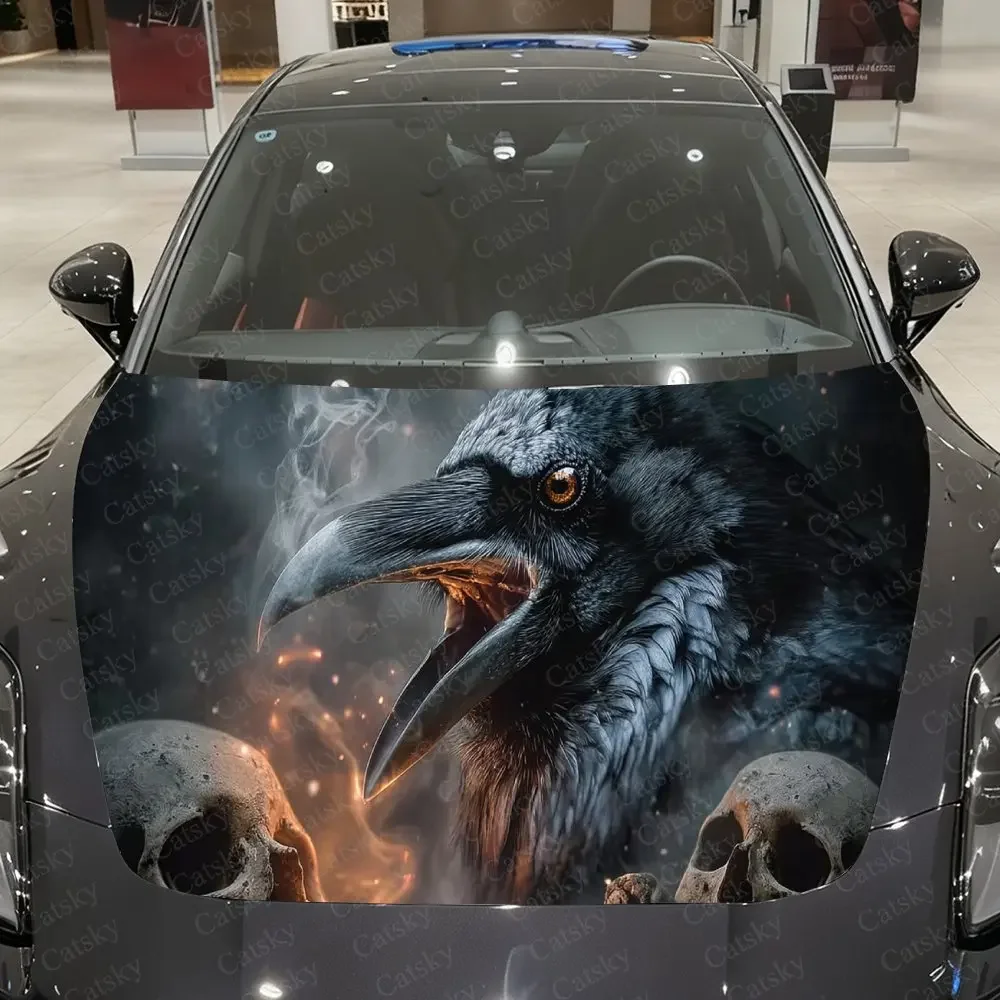 Black Raven in Flame Car Vinyl Wrap, PVC Waterproof Car Hood Sticker, Self-Adhesive Scratch-Resistant Stickers for Engine Cover