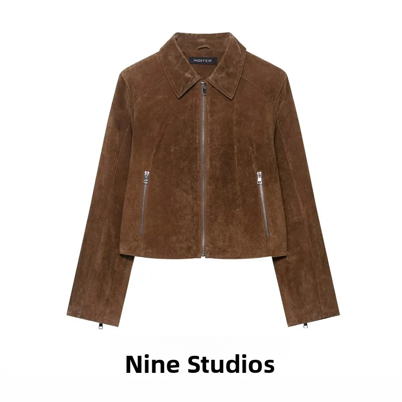 

Nine Za Women's ort Pure Leather Jaet Zipper Trimmed Collar Top European Sle Summer Faion Ladies' Outerwear