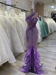 Custom Made Purple Evening Dresses Elegant Beaded Crystals Red Carpet Runway Dress Arabic Dubai Feathers Engagement Party Dress