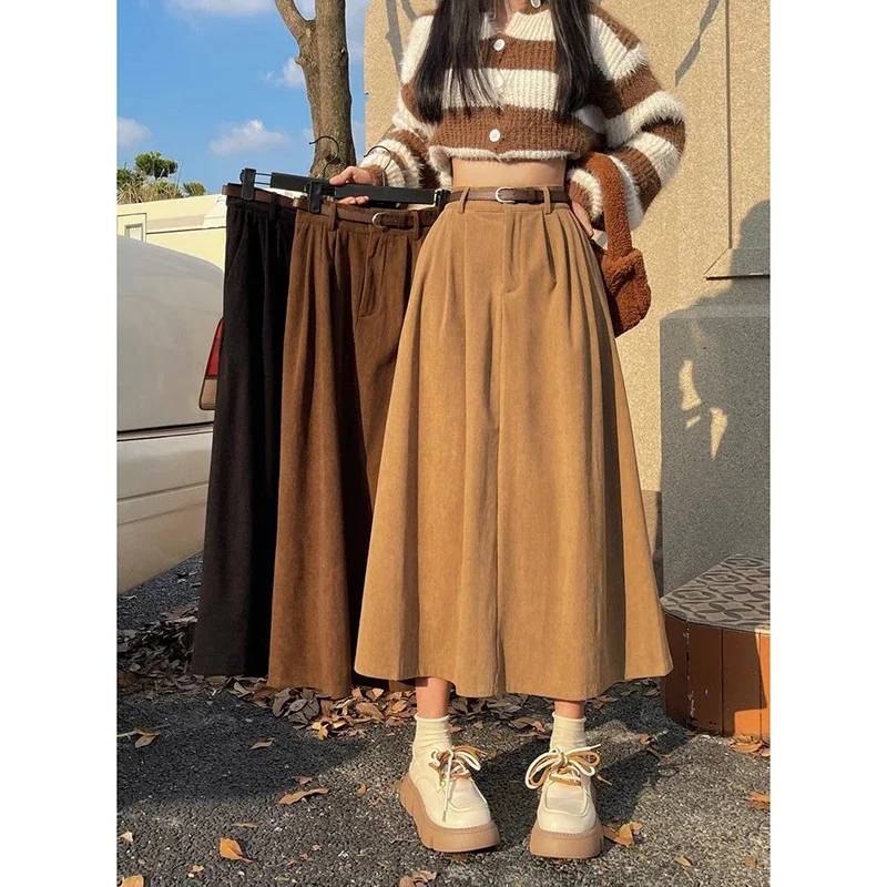 Vintage Corduroy Belt Midi Skirt Women Fall Winter Casual High Waist Loose Skirts Retro Office Lady All Match Female Skirts New