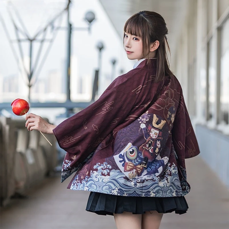سترة صيفية فضفاضة مطبوعة على شكل زهرة سمك الشبوط اليابانية سترة نسائية كيمونو هاراجوكو تقليدية هاوري كوسبلاي يوكاتا #3