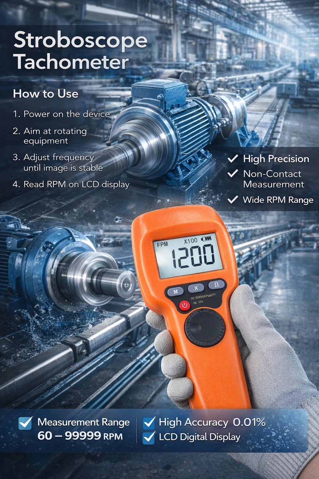 

DT10S LED Flash Tachometer Stroboscope LCD Digital Display 60-99999RPM 1500LX Speed Measurement Tool for Motor Testing