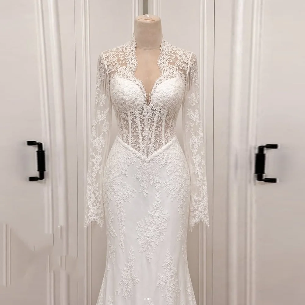 Luxury Lace Appliques Bride Wedding Dress Customized V Neck Long Sleeves Mermaid Bridal Gowns Sweep Train Women Formal Party
