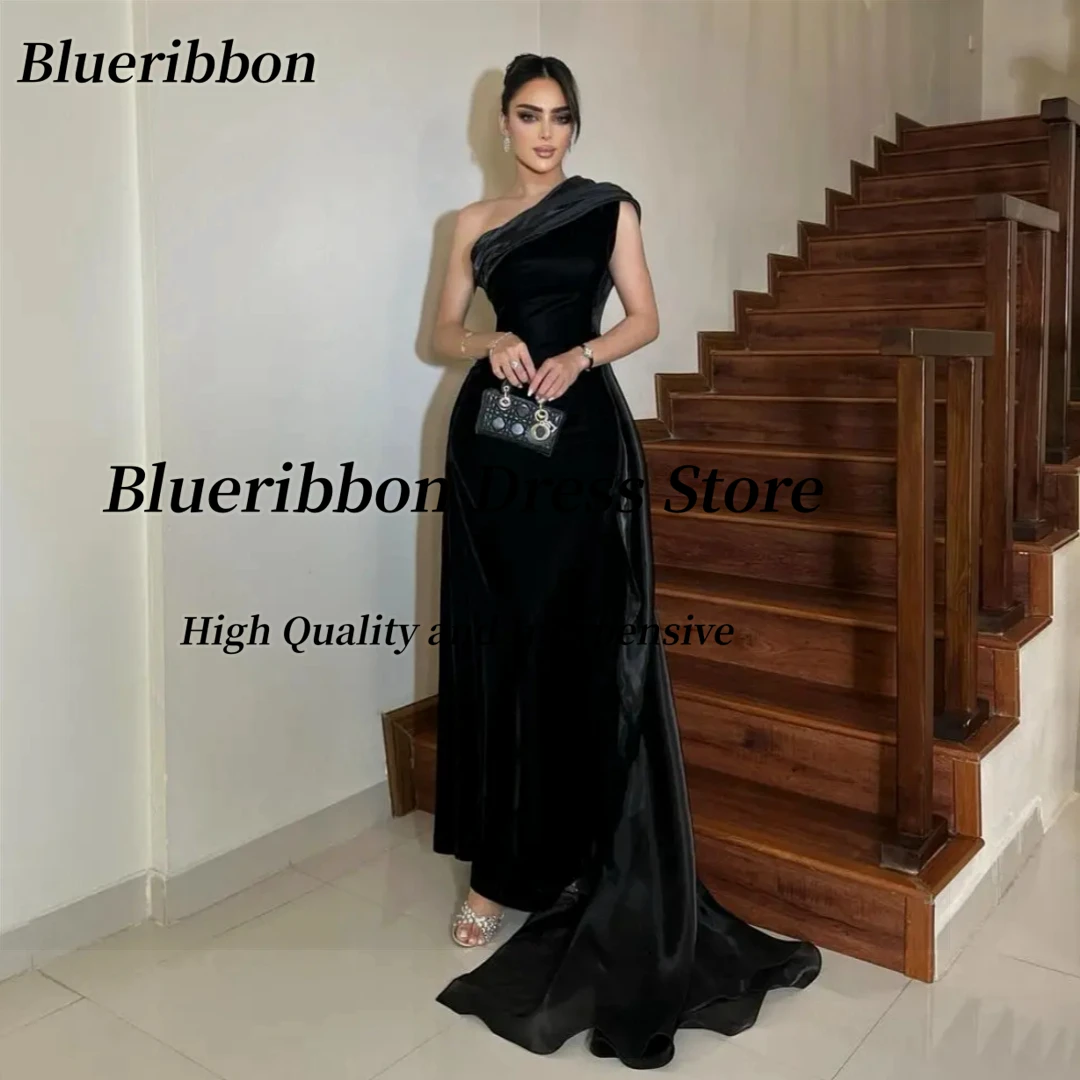

Blueribbon Customized Black Sheath Evening Dresses One Shoulder Organza Long Train Prom Dress Saudi Arabia Special Party Gowns