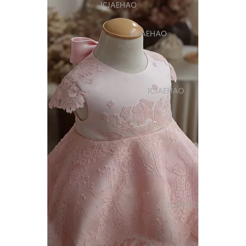 2026 Costume Children New Rose First Birthday Party Gown Host Performance Pageant Elegant Outfit Pink Kids Formal Princess Dress