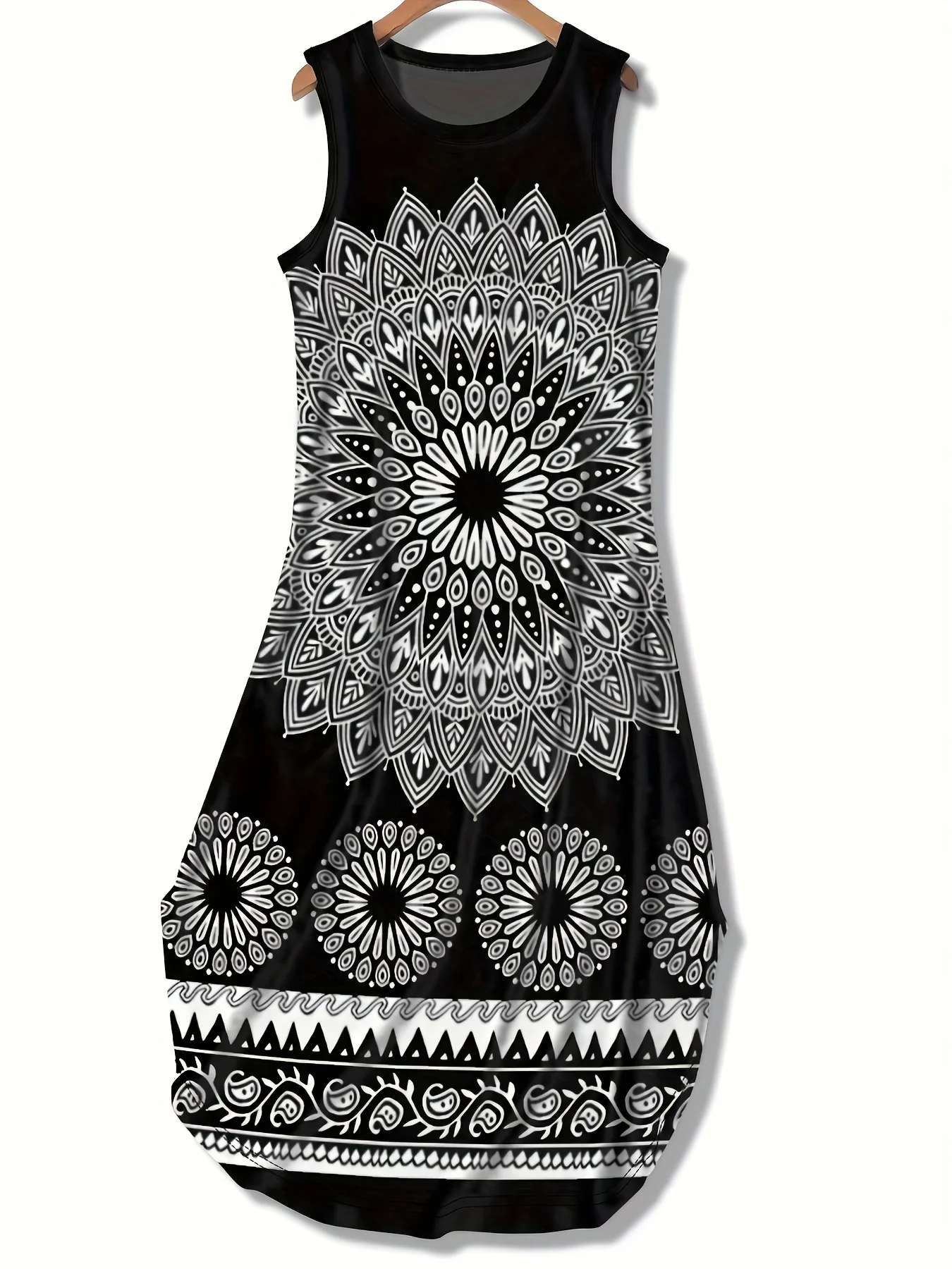 Damska Sukienka Midi Bez Rękawów Czarno-Biała Mandala Boho Etniczna Letnia Imprezowa Codzienna Plażowa Sukienka Letnia