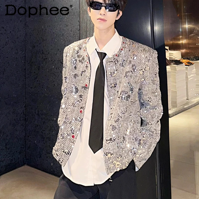 

Men's 2025 Autumn New Light Luxury Sequin Design Jackets High-End Tweed Trendy Short Style Jackets Men's Small Fragrant Coats