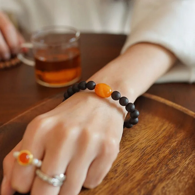 Natural Hainan Black Agarwood Bracelet with Amber Date Beads High Oil Old Material Bracelet for Women Gifts