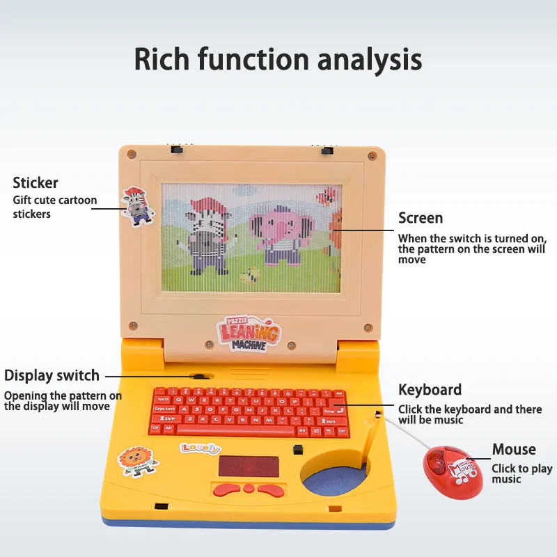 Modelo de ordenador portátil de simulación de dibujos animados, juguetes con música, ratón retráctil, teclado, cuaderno, juguetes educativos para edades tempranas