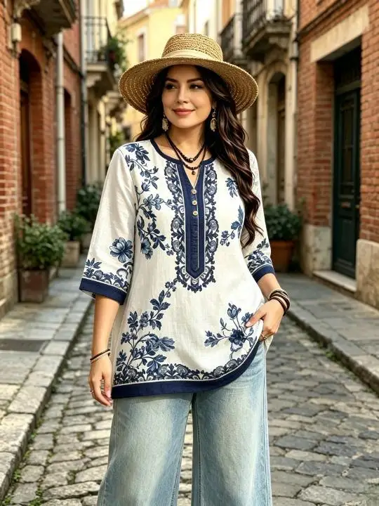 Women Bohemian Vintage Floral Position Print Blouse Notched Neck 3/4 Sleeve Loose Fit For Curvy Figures Daily Casual Tops