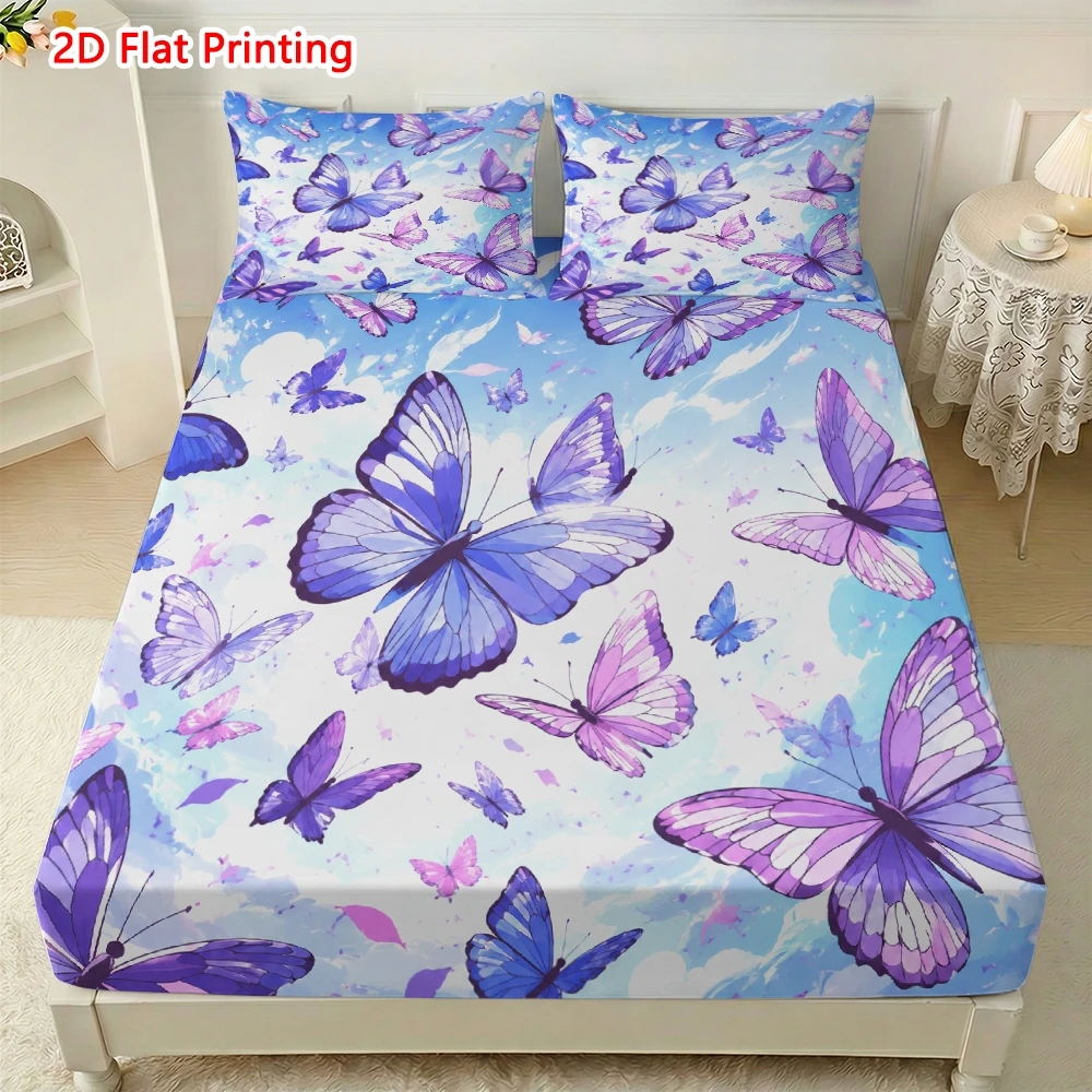Fitted Sheet Deep - ชุดผ้าปูที่นอนและปลอกหมอนลายพิมพ์ผีเสื้อสีม่วงสดใส ชุดเครื่องนอน (ประกอบด้วยผ้าปูที่นอน 1 ผืน +