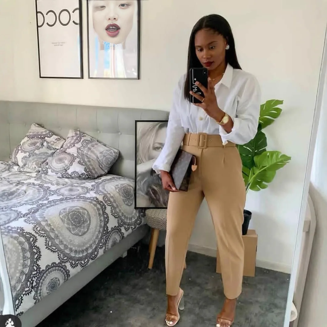 여성용 하이웨이스트 지퍼 플라이 앵클 팬츠 (벨트 포함), 오피스룩 바지, 사이드 포켓, 여성 패션