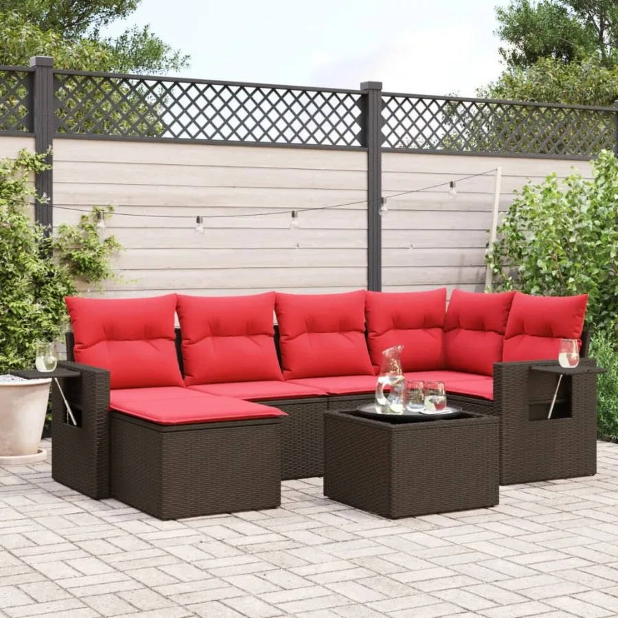 

7 Piece Patio Sofa Set with Cushions Brown Poly Rattan