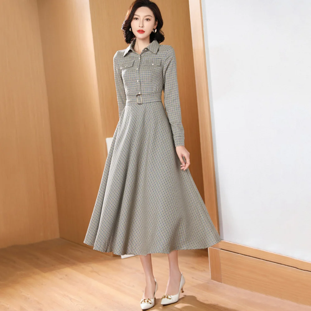 New Women Plaid Shirt Dress Spring Autumn Classic Turn-down Collar Houndstooth Belt Slim Long Dress Casual Long Sleeve Dress