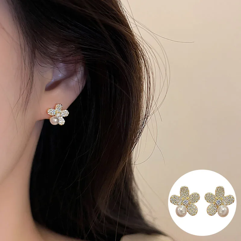 

100% 925 Sterling Silver Pearl Flower Earrings for Women Girl Zircon Cute Fashion Simple Design Jewelry Party Gift Dropshipping