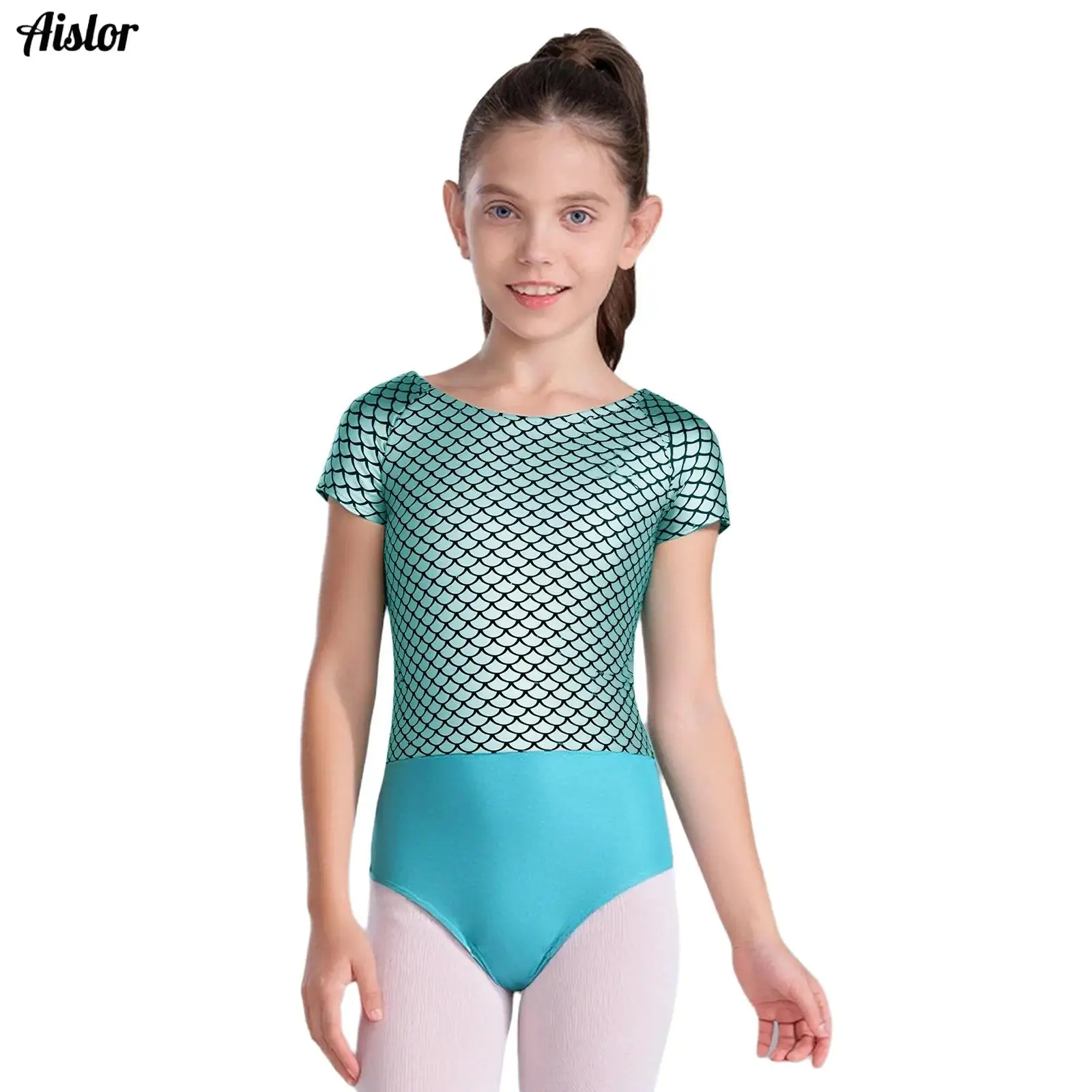 

Kids Girls Metallic Fish Scale Print Ballet Leotard Short Sleeve Bowknot Cutout Back Bodysuit for Gymnastics Dance Performance