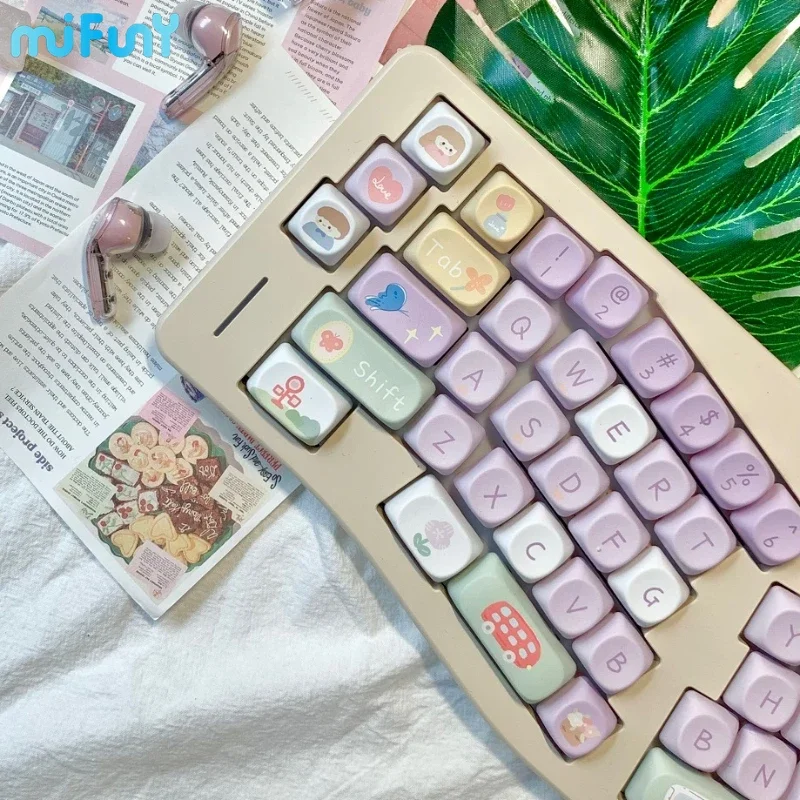 MiFuny Romantic Trip Keycaps Original Custom Kawaii Keycap Dry Subbed Cherry SOA Profile PBT Key Cap for Mechanical Keyboard