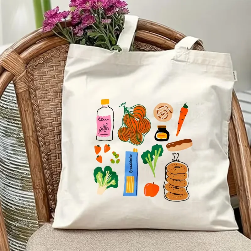 Cute Hand Drawn Vegetable Fruit Canvas Tote Bag Colorful Grocery Food Print Reusable Shoulder Bag Minimalist Shopping Handbag