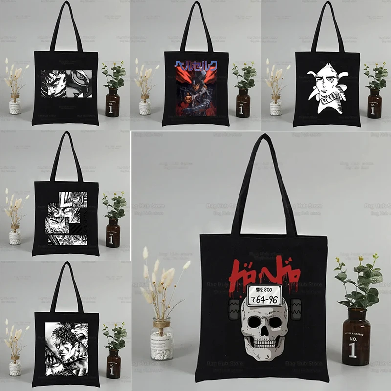 

Berserk Anime Shopping Black Bags Canvas Guts Griffith Tote Bag Behelit Legend Sword Cute Handbag Warrior Harajuku Shoulder Bags