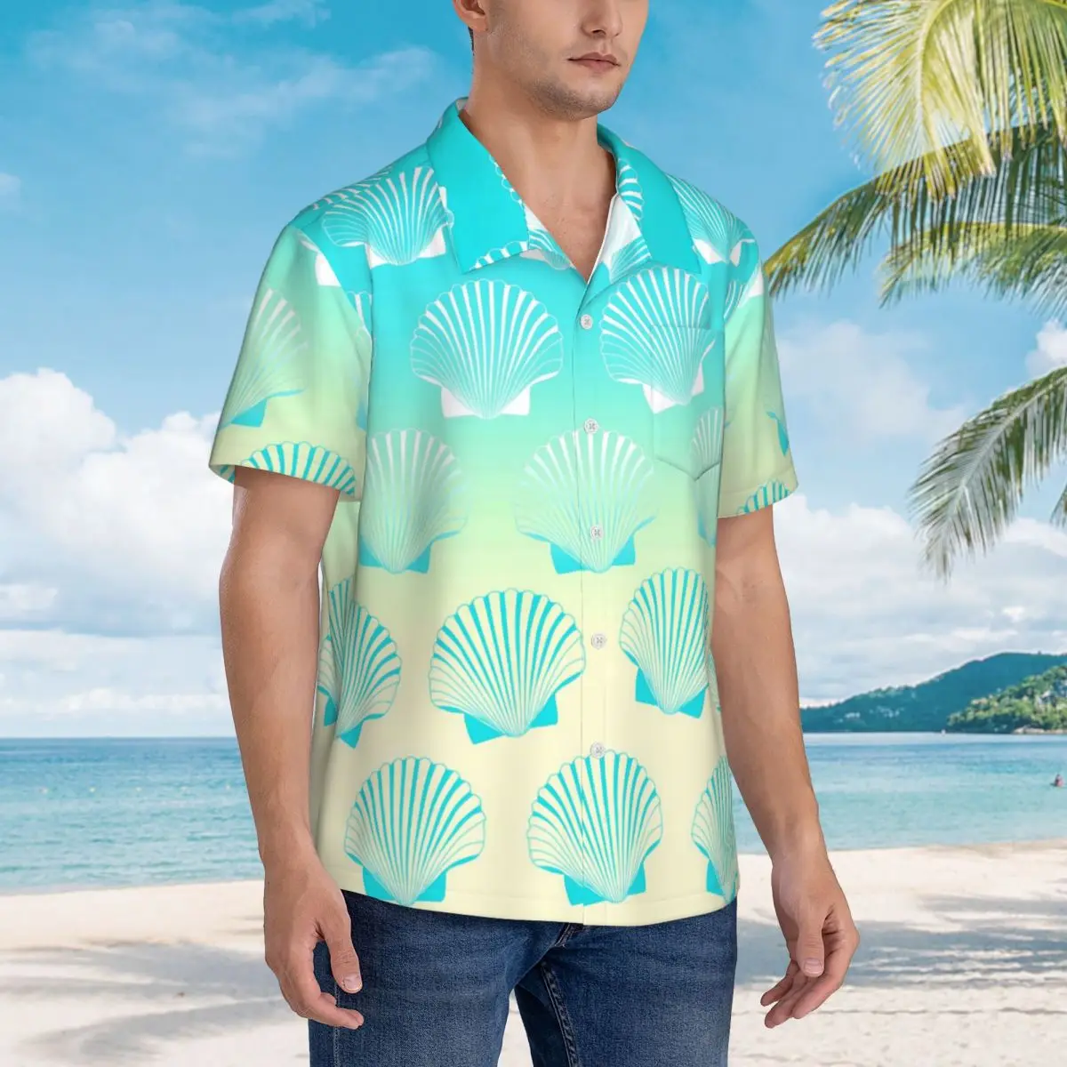 Muscheln Urlaub Hemd Farbverlauf Blau und Gelb Hawaiian Casual Shirts Männer Trendy Blusen Kurzarm Harajuku Grafik Tops