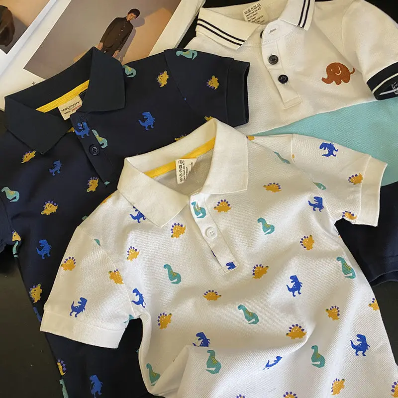 

Boys and Girls Summer Polo Collar Button Dinosaur Print Trend Cute and Lively Short Sleeved Casual and Handsome T-shirt Tops