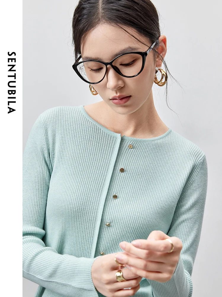 SENTUBILA Slim Fit Wool Knitted Pullovers for Women 2024 Autumn Retro Metal Button Round Neck Simple Women Top W43H56370