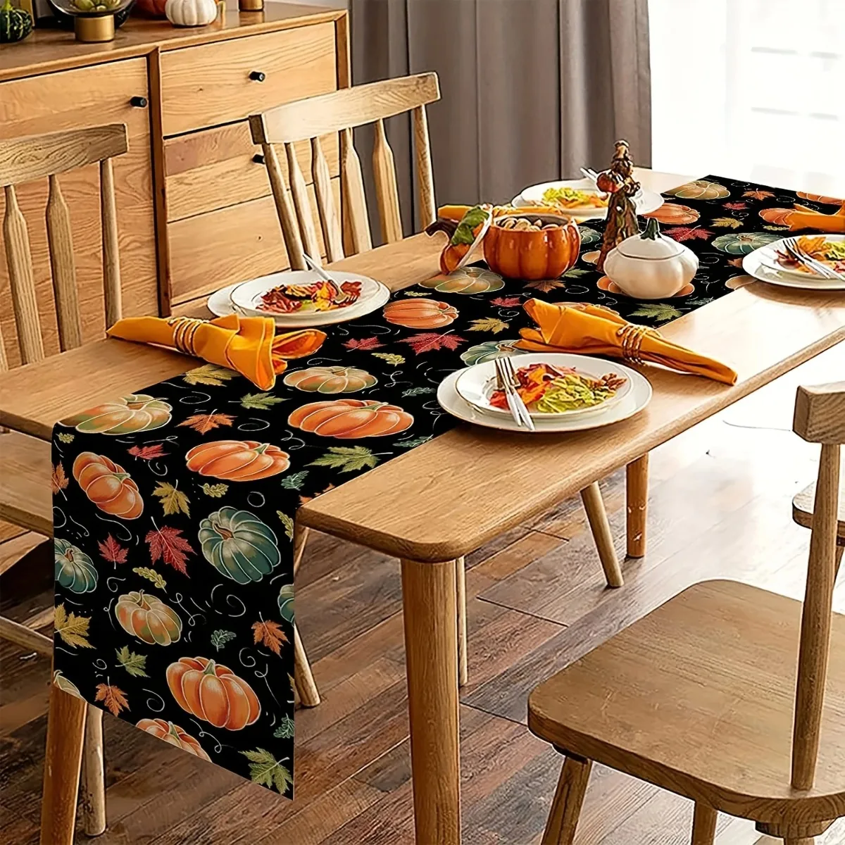 Colorful Pumpkin Pattern Linen Table Runners Autumn Thanksgiving Harvest Teal Maple Leaves Dresser Scarf for Dining Table Decor