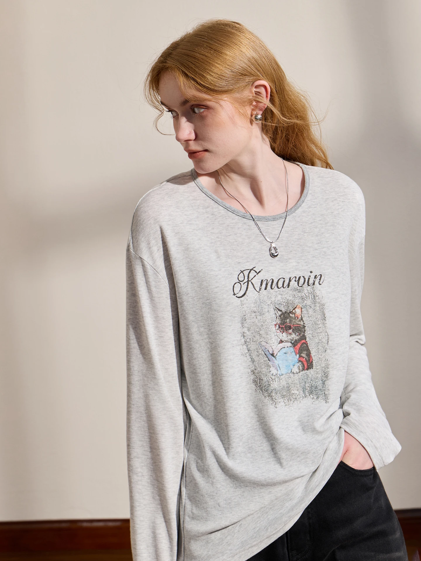 Breathable Lyocell Cotton Long Sleeve T-Shirt Women's  Cartoon Print Skin-friendly Casual Top for Commuting And Shopping