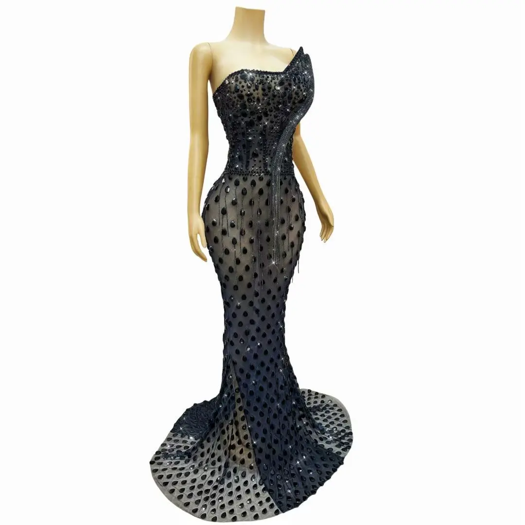 Heishe Luxury Evening Dress Sexy Black Perspective Mesh Full Diamond Long Dress homecoming Party Adult Ceremony Prom Dress