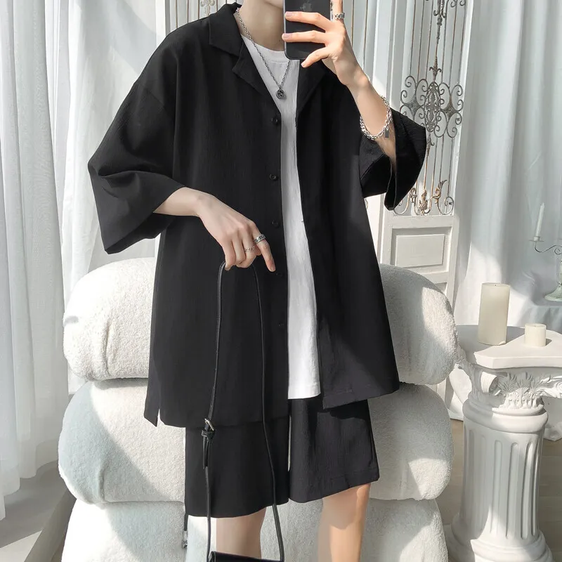 Summer White Shirt Set Men Fashion Casual Black Dress Shirts Sets Korean Loose Ice Silk Set Mens Formal Set Plus Size 5XL
