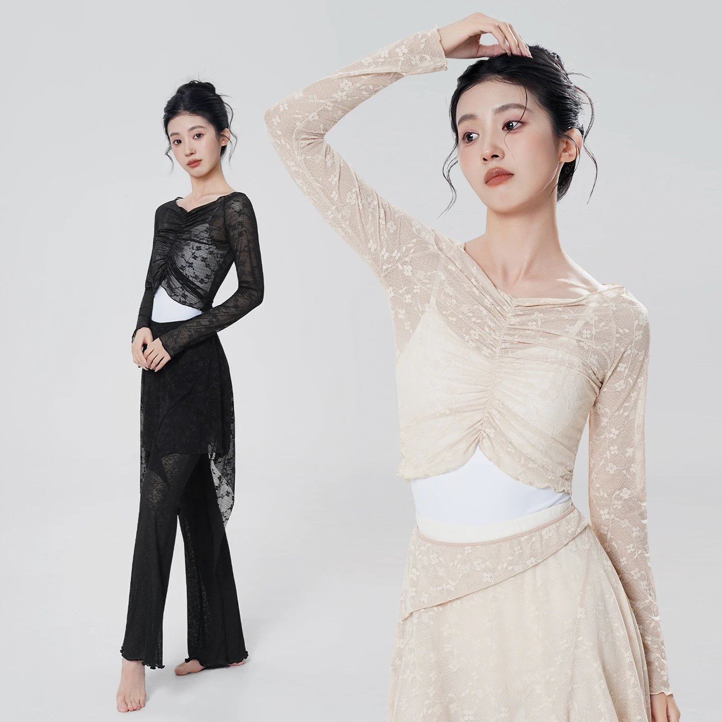 top-de-bale-feminino-manga-comprida-renda-pura-malha-danca-encolher-para-pratica