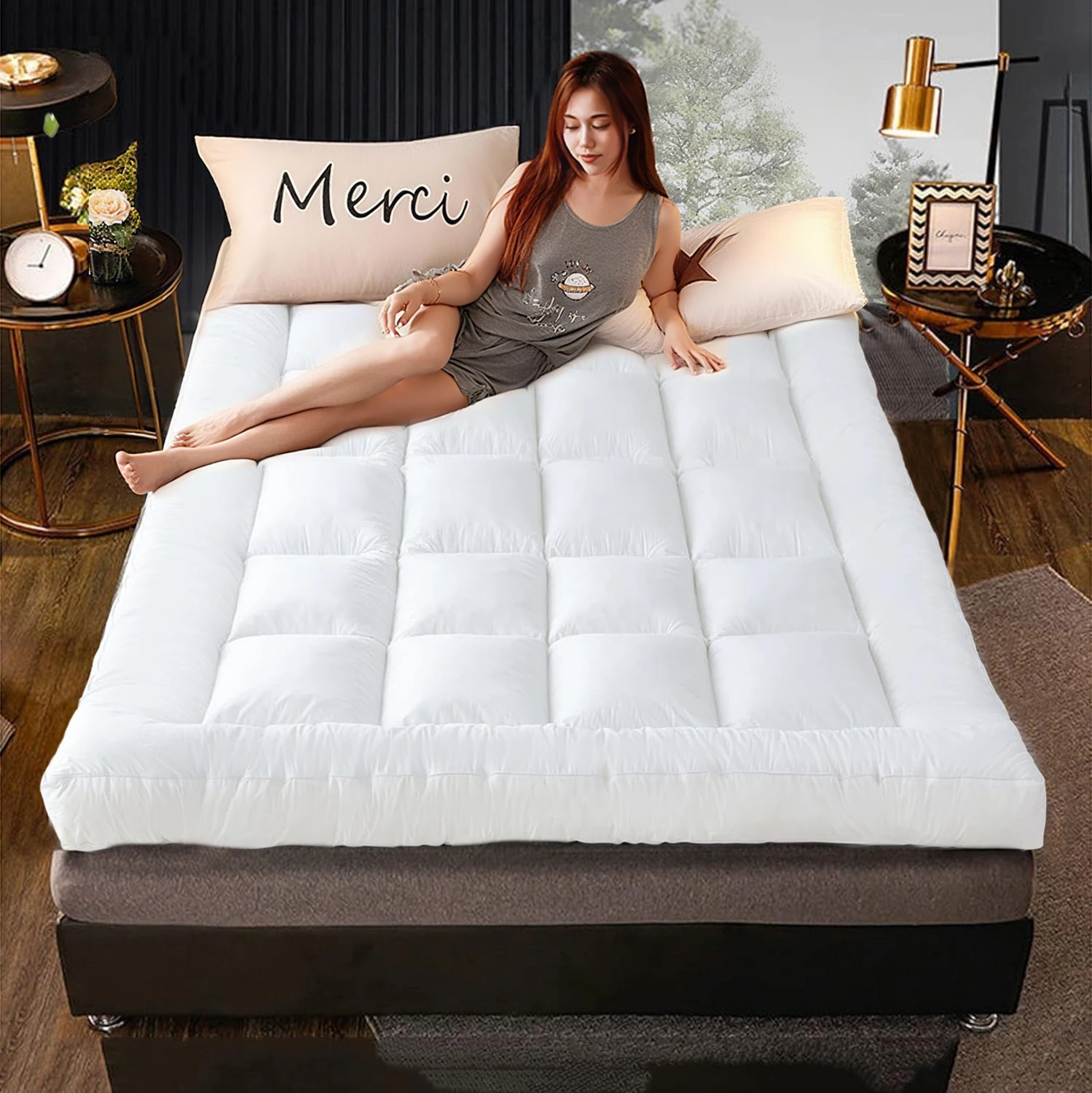 Extra Thick Mattress Topper Cooling Mattress Pad Cover for Back Pain, Soft Mattress Protector 3D+7D Snow Down Alternative Fill