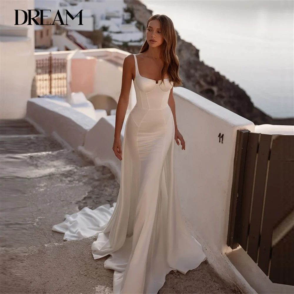 DREAM Elegant Mermaid Wedding Dress Spaghetti Strap Boat-Neck Open Back Detachable Train Bridal Gown Vestido De Novia Customized