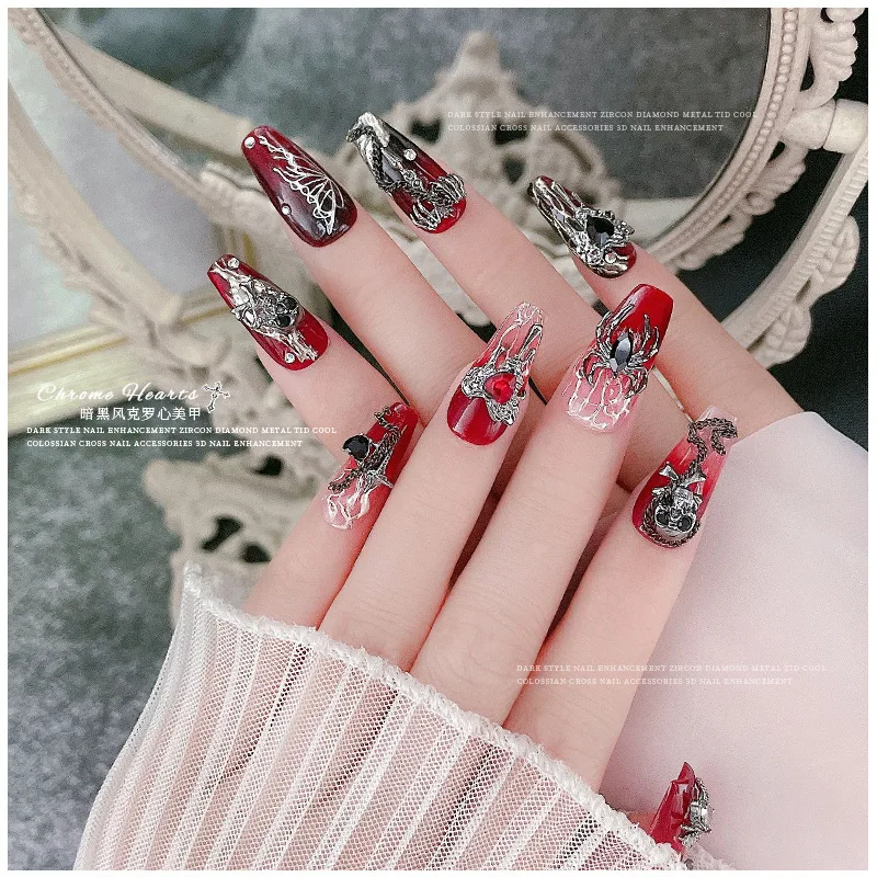 10pcs/lot Vintage Dark Style Nail Enhancements Metal Cross Love Personality Skeleton Nail Alloy Diamond Accessories