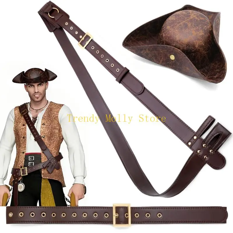 

N5KB 3Pcs Pirate Costume Accessories Adjustable Bandolier Belt And Hat Set Cosplay Accessory For Halloween Role Play Party
