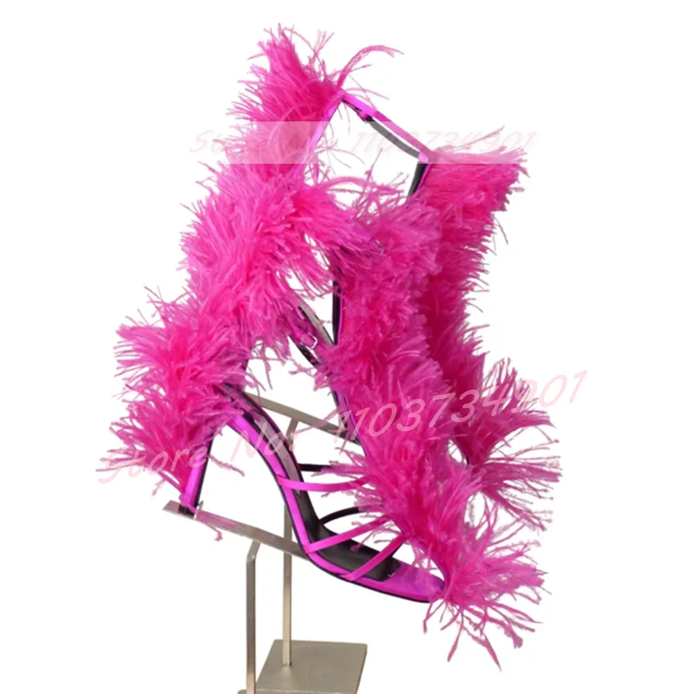 Fluffy Feather Square Toe Sandals Women Party Buckle Strap Stiletto High Heels Shoes Female Sweet Elegant Rose Red Sandals