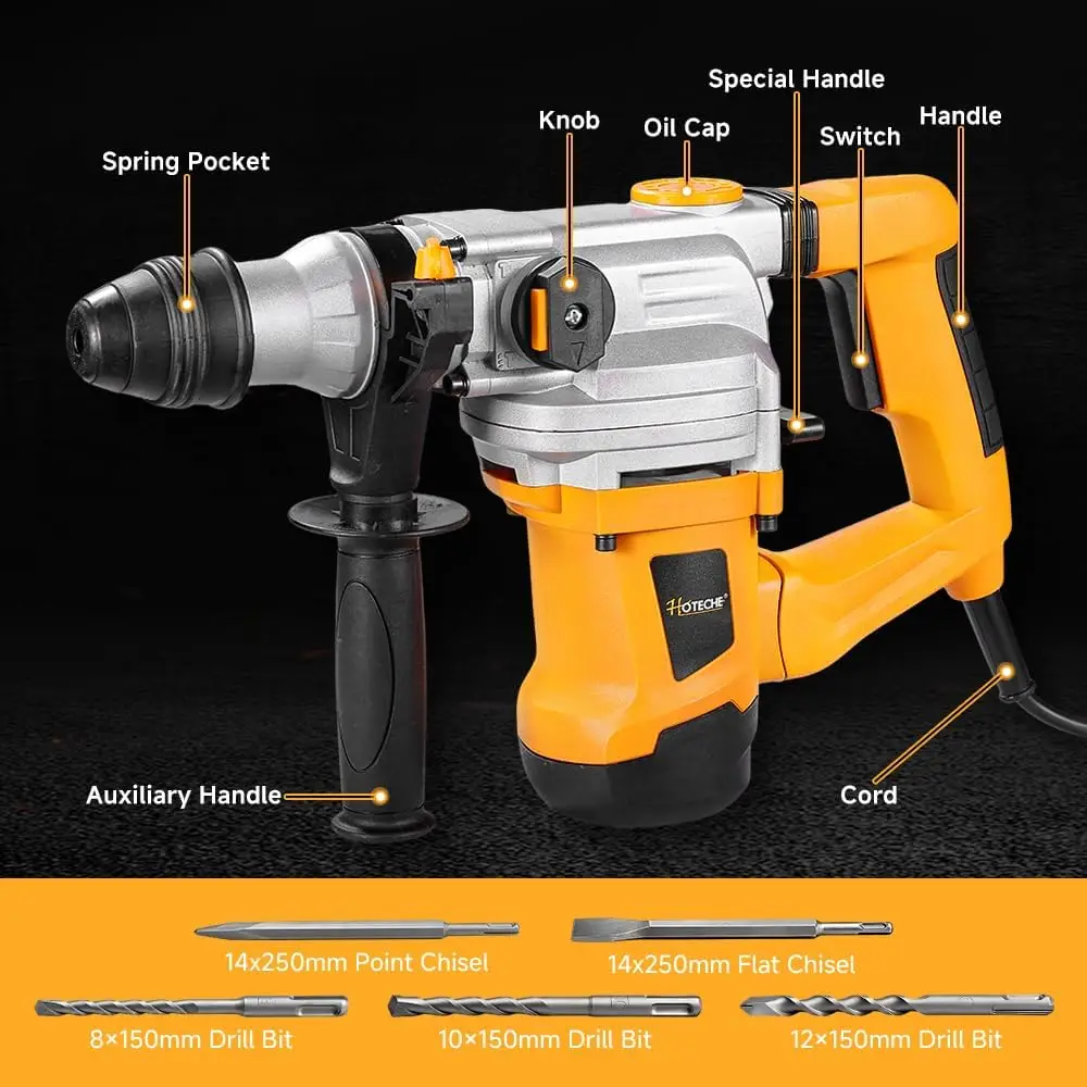 1200W 30MM SDS Plus Rotary Hammer Drill, 3-Function Hammer/Drill/Hammer Drill with 2.7J Impact Force, Yellow, Color Box + Plasti