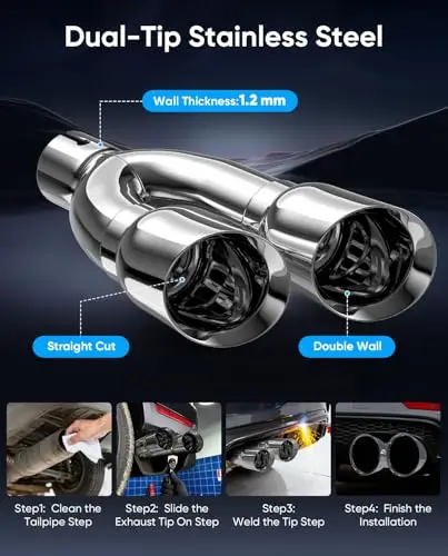 

Polished Dual-Tip Stainless Steel Exhaust Pipe, 3 Inch Inlet To 4 Inch Outlet, 16 Inch Length, Double Wall Construction With