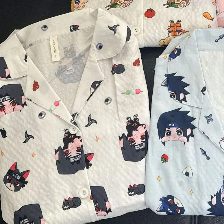Naruto Uzumaki Cute Anime Print Pajamas Set Long Sleeve Lapel Loungewear Soft Waffle Home Sleepwear for Women Girls Anime Fans view 5