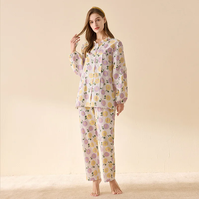 

New Summer 40S Double Fiber 100% Cotton Pajamas Sets Women Homewear High Quality Full Sleeve Night Sleep Pants