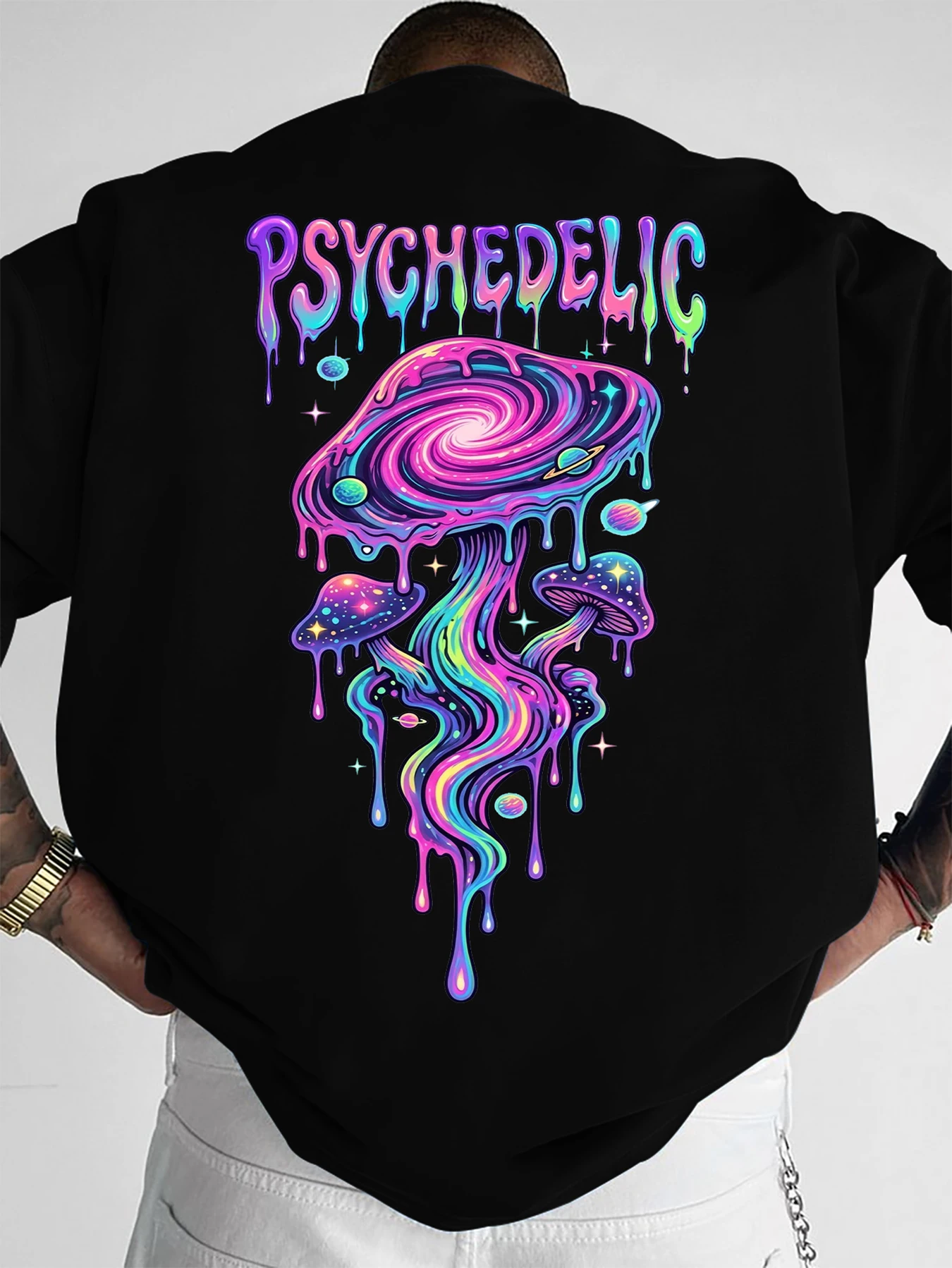 Men's Oversized Streetwear T-Shirt Galaxy Mushroom Drip Graphic Print Crew Neck Short Sleeve Tops S-XXL