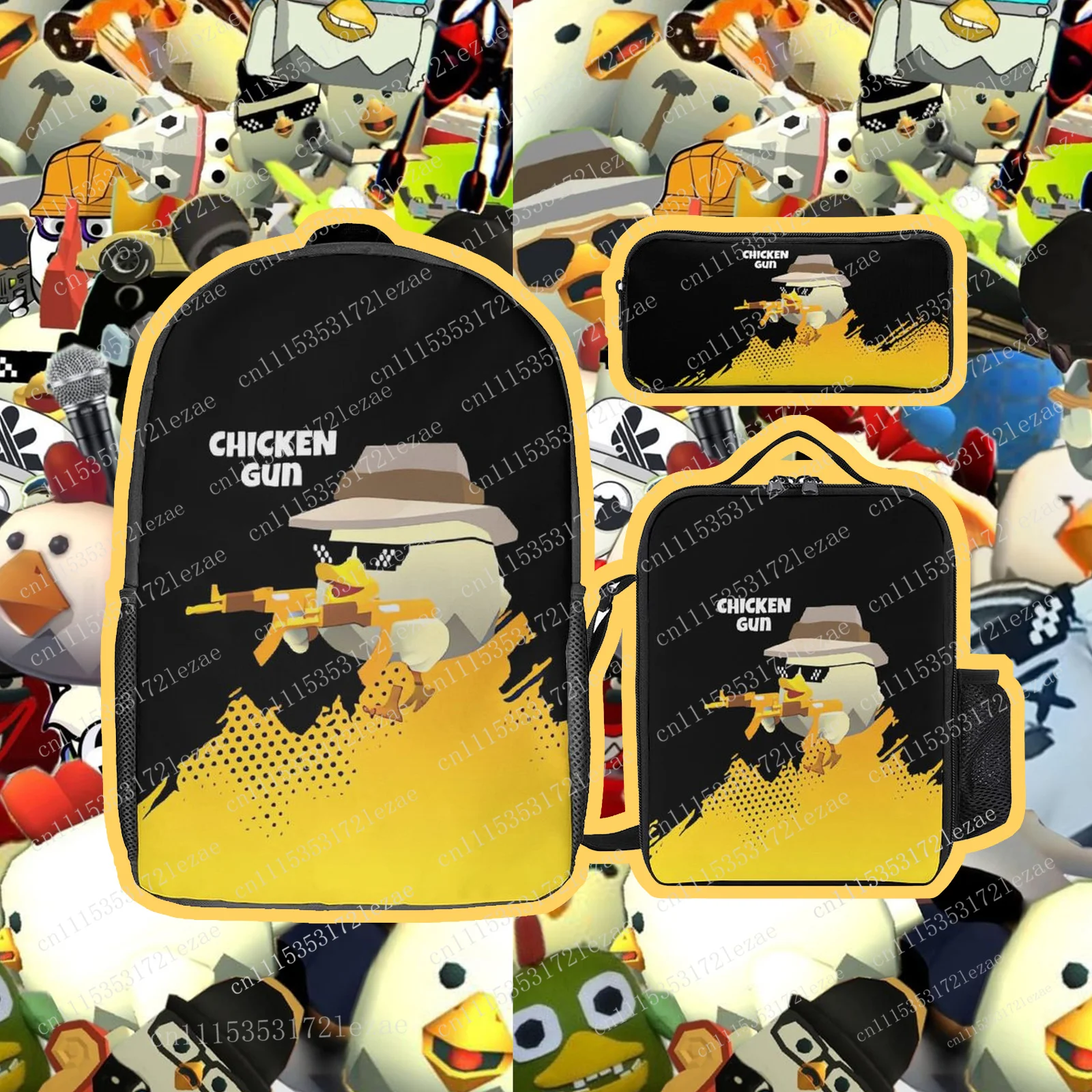 Chicken Gun Themed School Custom 17 Inch 3 Piece Set Includes Backpack Shoulder Bag and Pencil Case The Ultimate Gift Choice